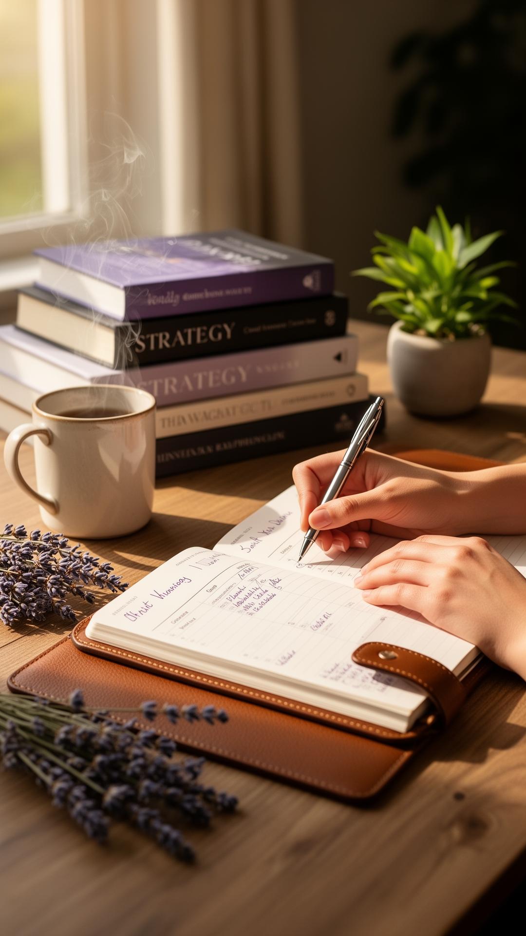 Hands writing in a leather planner with a stack of strategy books — soulful career planning