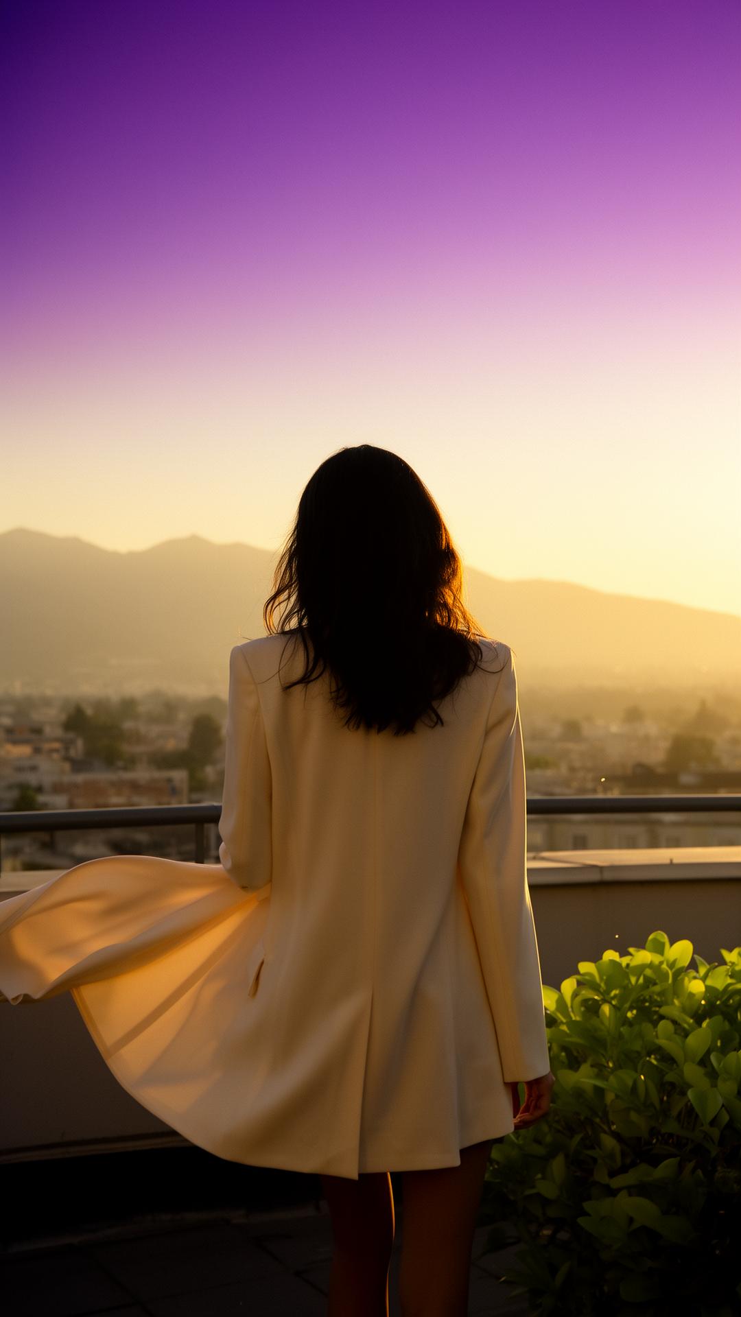 A woman in a flowing cream blazer standing on a rooftop at golden hour, looking toward distant mountains — becoming