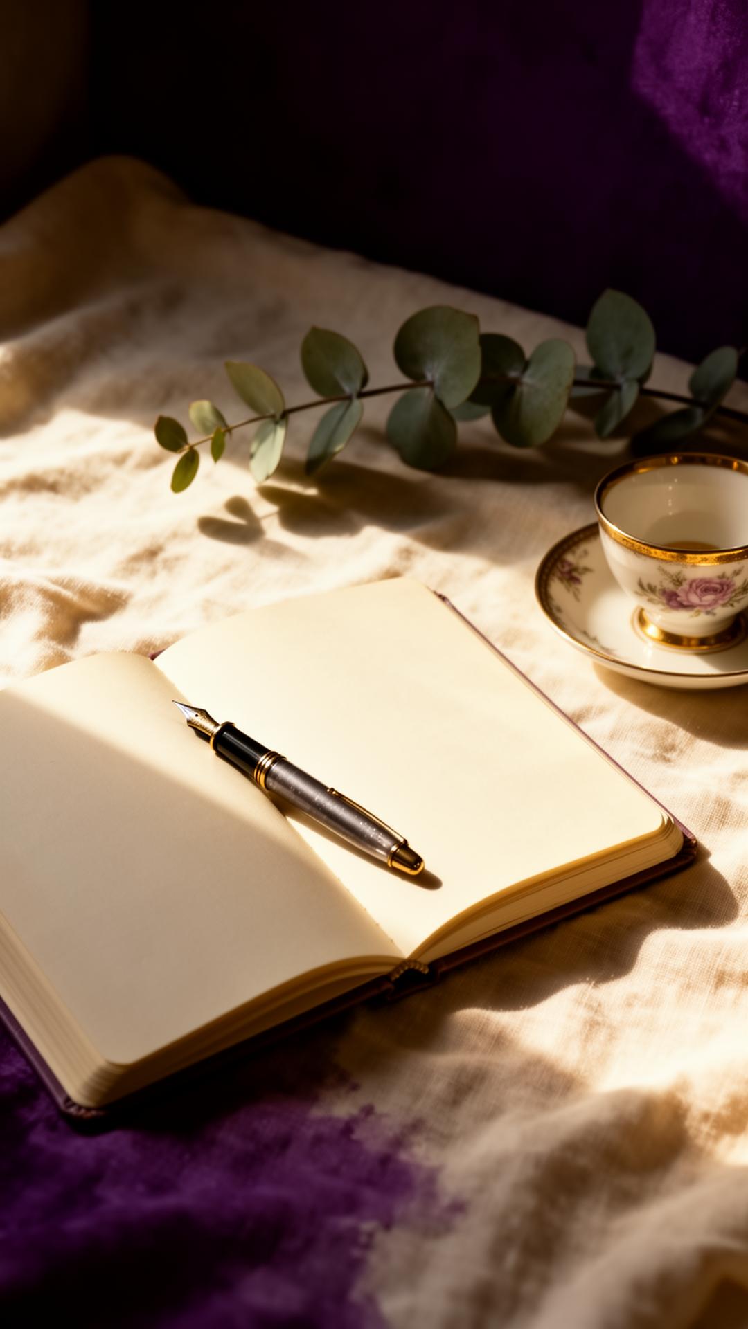 A quiet journal, fountain pen, and teacup in soft morning light — a moment of clarity