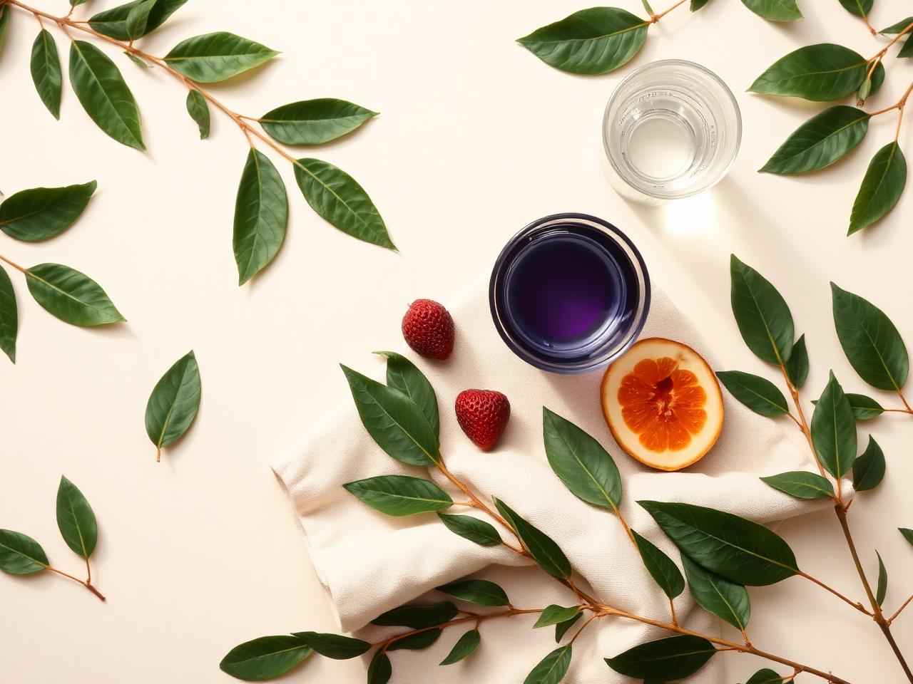 Wellness flat lay with greens and water